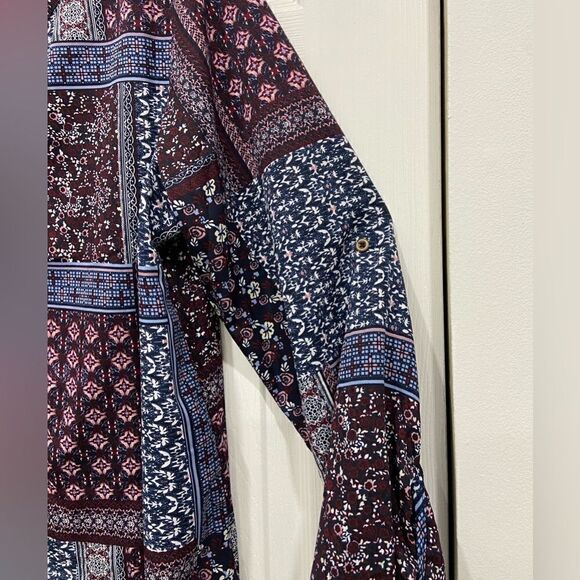 NWT Tantrums 3/4 quarter sleeve button down top Patchwork print front size L - Picture 5 of 8